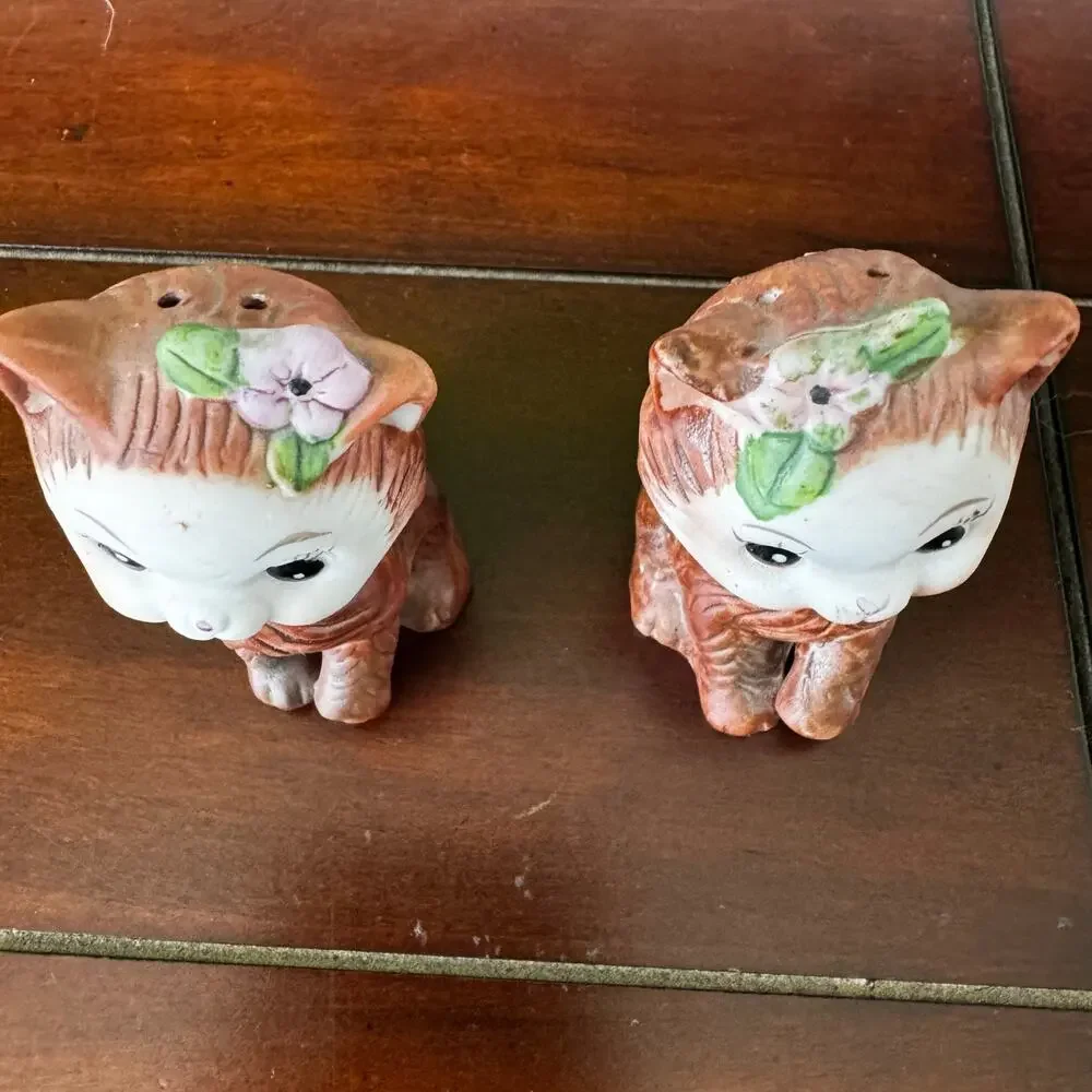 VTG Kitten Cat Anthropomorphic  Salt Pepper Shakers Stoppers MCM Bow Flower - Picture 5 of 13